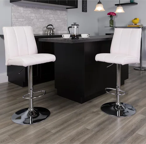 Vista 2 de Flash Furniture Charles - Taburete de bar de vinilo blanco contemporáneo de altura ajustable con respaldo de panel de puntada vertical y base cromada