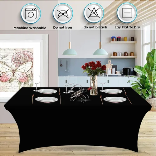 Vista 2 de Heochy - 2 piezas de mantel de 4 pies para mesa rectangular - Mantel rectangular elástico de spandex negro para cumpleaños, cóctel, boda, fiesta