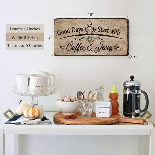 Vista 5 de Letrero de placa de madera rústica, decoración de pared con texto en inglés "Good Days Start with Coffee and Jesus", accesorios de barra de café