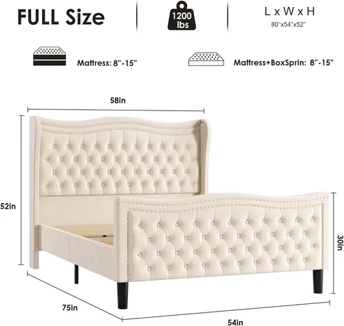 Vista 2 de Marco de Cama Full con Cabecera y Pie de Cama Altos, Marco de Cama Plataforma Tapizada en Terciopelo con Acolchado de Botones Profundos Tipo Beige