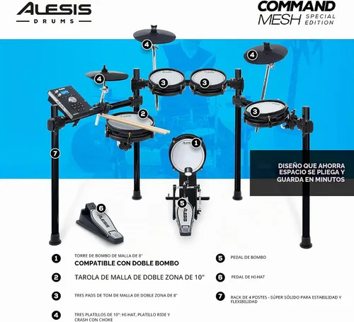 Vista 2 de Kit Alesis Drums Command Mesh SE - Set de batería eléctrica con almohadillas de malla de doble zona silenciosas, conectividad USB MIDI y más de 600