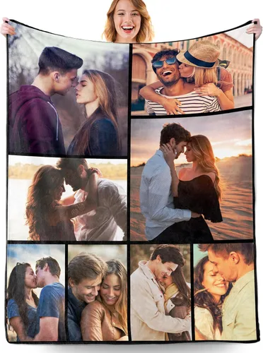 Vista 20 de Manta personalizada con fotos, manta personalizada con fotos con texto en inglés "I Love You", regalo de cumpleaños para novia, novio, esposa