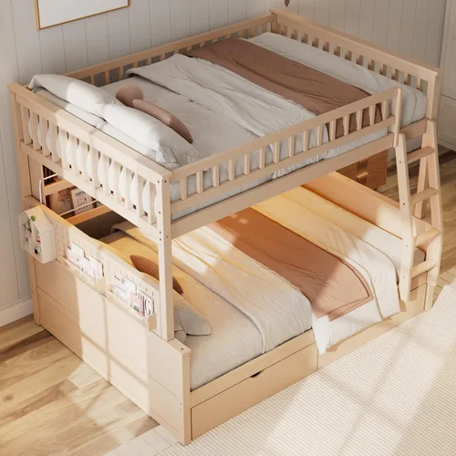 Vista 8 de SOFTSEA Full XL Over Queen Wooden Bunk Bed with Drawers and LED, Beige