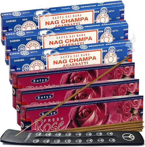 Vista 18 de Varillas de incienso de Sangre de Dragón y Palo Santo con soporte, paquete de variedad de la marca House of Nag Champa y Trumiri