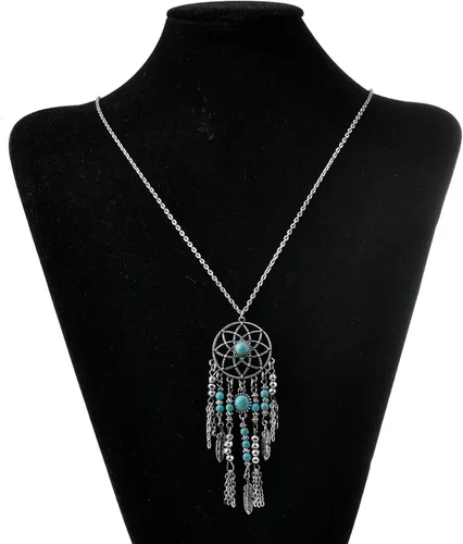 Vista 2 de Lureme Collar atrapa sueños con cadena larga turquesa nativo de Estados Unidos (01003467)