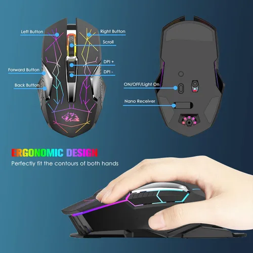 Vista 6 de Ratón inalámbrico para juegos recargable con retroiluminación RGB de arcoíris silencioso, 2.4 G, sensor óptico de 3 niveles DPI, computadora