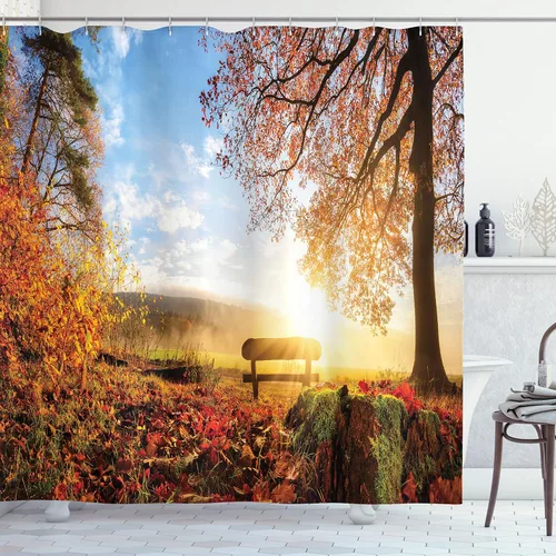 Vista 140 de Ambesonne Decor Collection, juego de cortina con ganchos para regadera Amarillo y marrón