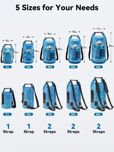 Vista 3 de HEETA Bolsa seca impermeable para mujeres y hombres (azul transparente de 5 litros) con paquete de 2 bolsas impermeables con correa ajustable