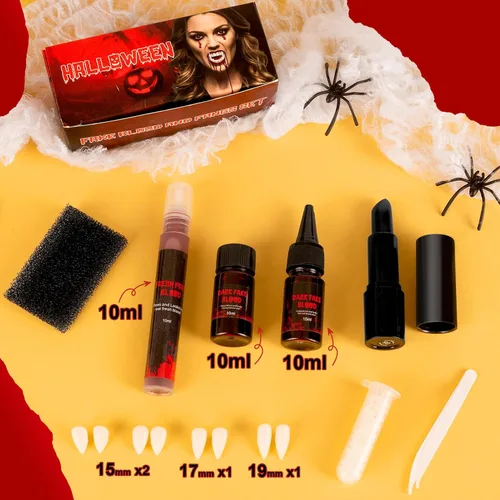 Vista 2 de Kit de colmillos falsos de sangre y dientes de vampiro, fiesta de Halloween, cosplay de vampiros