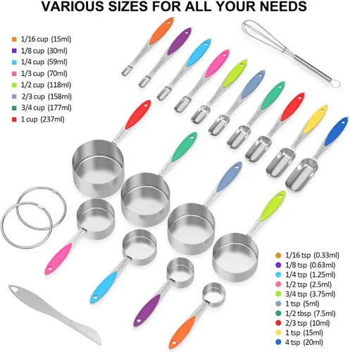 Vista 2 de Measuring Cups and Spoons - Wildone Stainless Steel 20 Piece Stackable Set, Includes 8 Measuring Cups, 10 Measuring Spoons, 1 Leveler & 1 Whisk, for