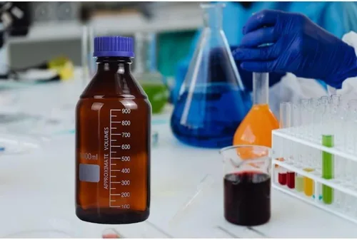Vista 7 de Botellas ámbar de almacenamiento de medios de laboratorio, contenedor de vidrio graduado marrón GL45, tapa de rosca a prueba de fugas, multiusos Azul