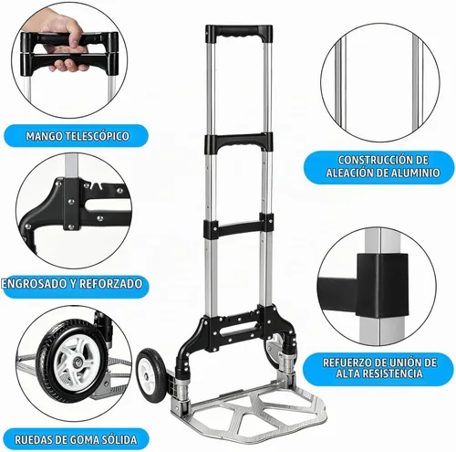 Vista 4 de Carro de mano plegable de aluminio, carrito de mano plegable de aluminio, carrito de equipaje con capacidad máxima de 175 libras, con mango