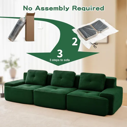 Vista 8 de Sofá Moderno Comprimido Sin Estructura de 117", Sofás Seccionales de 3 Plazas para Sala de Estar, Sofá Seccional Modular de Pana Verde Nube, Espuma