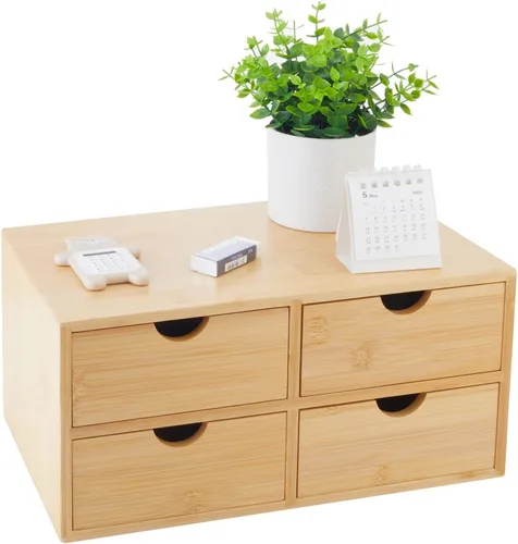 Vista 8 de Organizador de escritorio de bambú con cajones, cajones de mostrador, 2 cajones, caja de almacenamiento de esquina para escritorio, organizador
