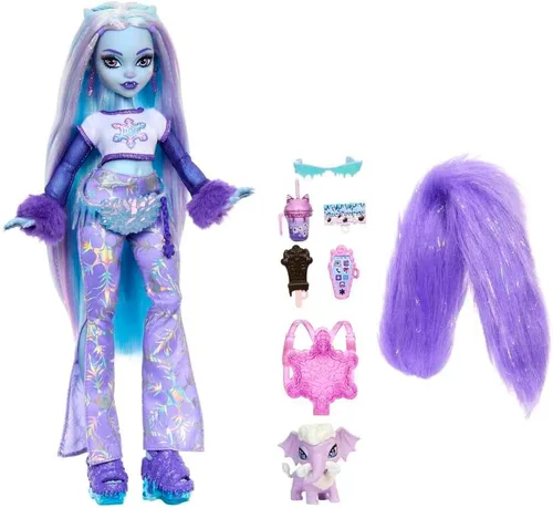 Vista 7 de Muñeca Monster High, Abbey Bominable Yeti de moda con mamífero mamut mascota y accesorios temáticos Muñeca Yeti en ropa morada peluda con mamut