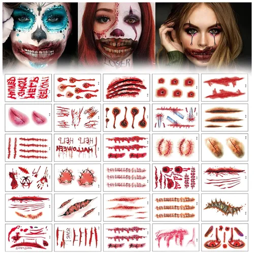 Vista 9 de Maquillaje de broma de Halloween, tatuaje temporal, juego de roles de Halloween, kit de calcomanías decorativas de tatuaje de boca grande