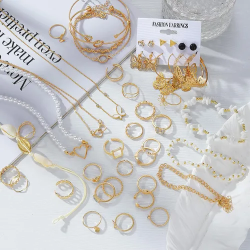 Vista 7 de ZOVOLI Juego de joyas de oro para mujeres y niñas, estilo barroco vintage, collar, anillos, pulsera y aretes, juego de joyería, paquete de joyería