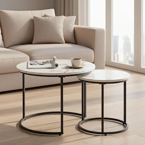 Vista 9 de Juego de 2 mesas auxiliares redondas anidadas, apilables, minimalistas Modern Marble Pattern Wooden Nesting Tables for Living Room Bedroom Small