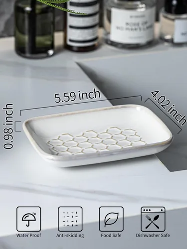 Vista 6 de Gomakren Jabonera para ducha, soporte de cerámica para jabón con diseño de panal, bandeja ahorradora de jabón para fregadero de cocina y baño, Beige