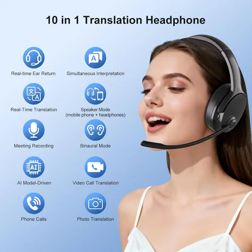 Vista 4 de Auriculares de traducción AI en tiempo real, auriculares Bluetooth inalámbricos, 144 idiomas para aprender sobre la oreja, Bluetooth 5.3, grabación