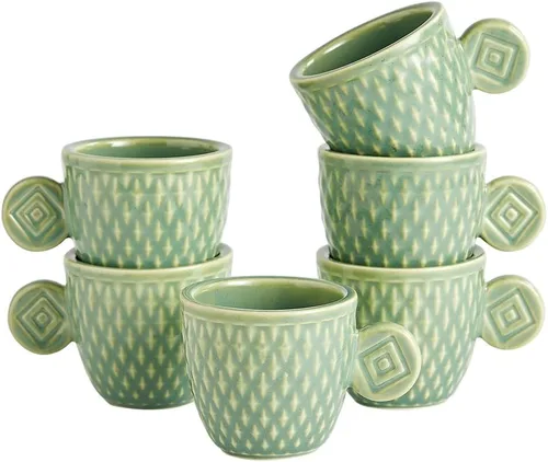 Vista 9 de Juego de 6 tazas de café espresso vintage, tazas Demitasse de 3 onzas, tazas de café espresso pequeñas de cerámica en relieve únicas en relieve Crema