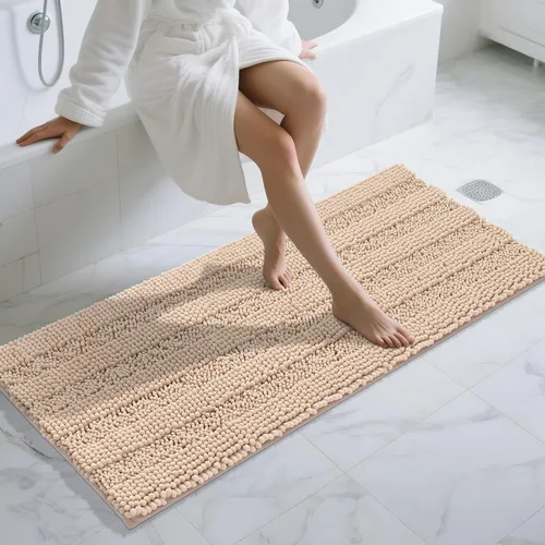Vista 94 de Yimobra Tapetes de baño lavables, de chenilla súper suave y absorbente, para suelo y alfombra, de secado rápido, antideslizante, para bañera y Beige