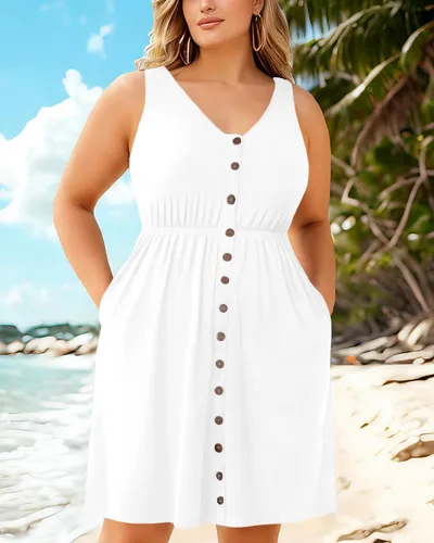 Vista 88 de Holipick Vestidos de verano para mujer, talla grande, casual, con bolsillos, acampanado, con botones, sin mangas, cuello en V