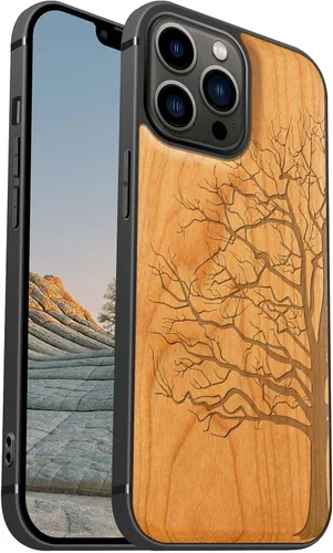 Vista 15 de Carveit Funda magnética de madera para iPhone 13 [madera real dura y TPU suave] Funda protectora híbrida de madera única y elegante a prueba