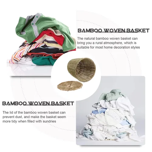 Vista 2 de PRETYZOOM Cesta tejida de bambú versátil con tapa, almacenamiento multiusos para juguetes de basura y artículos diversos, material natural