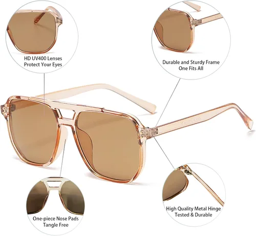 Vista 6 de Hanj Gafas de sol estilo aviador cuadradas vintage para mujeres y hombres, lentes clásicos retro de los años 70, lentes de montura grande a la moda