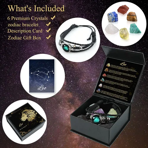 Vista 2 de Nicetage Leo - Ideas de regalo de cristales curativos, 12 signos del zodiaco, cristales curativos naturales con juego de caja de horóscopo, 6