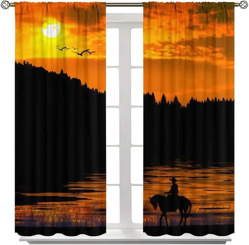 Vista 8 de Cortinas opacas de vaquero americano para sala de estar, atardecer occidental, rústico, vaquero, equitación, cortinas de ventana, aislamiento
