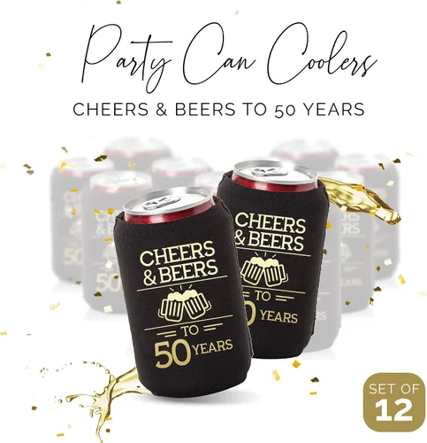 Vista 2 de Juego de 12 enfriadores de latas de Cheers and Beers to 50 Years - Decoraciones de cumpleaños número 50 en negro y dorado y recuerdos de fiesta