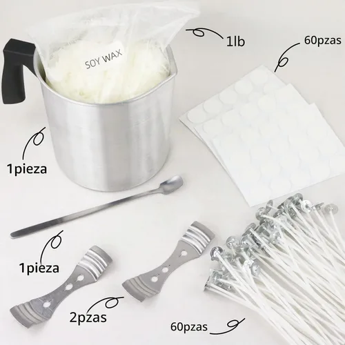 Vista 3 de Kit de fabricación de velas EricX Light, 60 piezas de mechas de vela, 60 piezas de calcomanías para mechas de vela, 473 ml de cera de soya, 1 olla