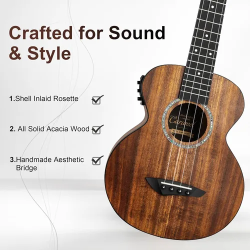 Vista 2 de Caramel Ukulele Eléctrico Tenor CT204 de Madera de Acacia Totalmente Maciza de 26 Pulgadas, Kit Profesional de Ukulele para Principiantes, Paquete