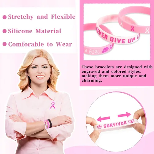 Vista 4 de JUNEBRUSHS 42 piezas de accesorios de concientización sobre el cáncer de mama, pulseras de silicona Esperanza Fe Fuerza Coraje, pulseras accesorios