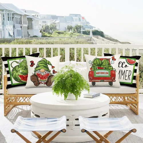 Vista 6 de AnyDesign Fundas de almohada de verano para verano, sandía, gnomo, camión, funda de cojín de rayas blancas y negras, para el hogar