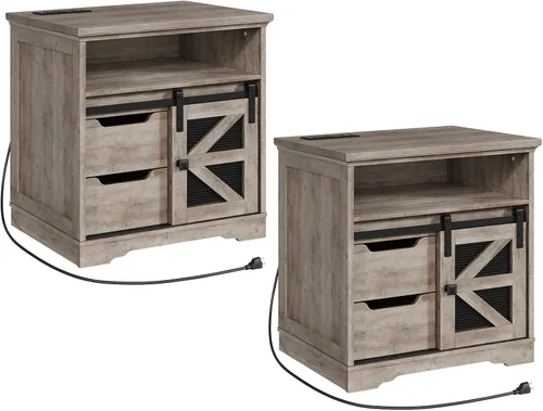Vista 12 de Mesa auxiliar de granja con estación de carga, mesa auxiliar de sofá con 2 cajones y puerta de granero, mesita de noche de madera rústica para Gris