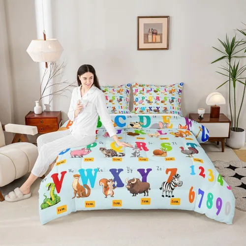 Vista 5 de jejeloiu Juego de edredón educativo para niños, tamaño matrimonial, juego de ropa de cama con números del alfabeto ABC para niños y niñas pequeños