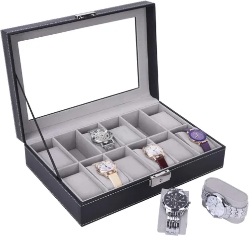 Vista 4 de AUTOARK Caja de reloj de cuero, 12 relojes, organizador de joyas, negro, AW-040