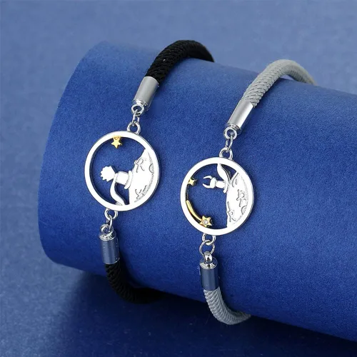 Vista 2 de Ezindraw Pulseras a juego con iniciales para parejas, pulseras de promesa del príncipe y zorro, regalo de relación a larga distancia para mujeres