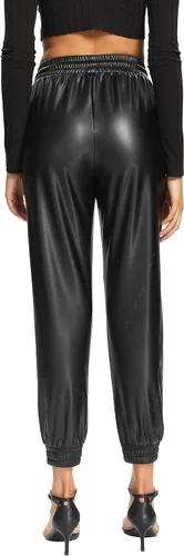 Vista 3 de V VOCNI Pantalones deportivos de piel sintética de cintura alta con control de abdomen grueso, adelgazantes, elásticos, color negro