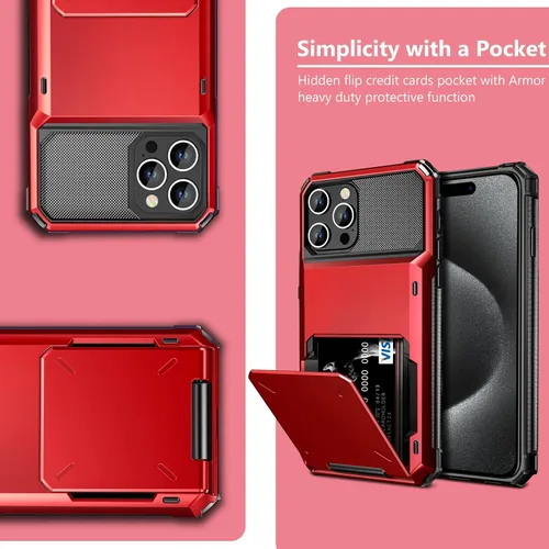 Vista 6 de Vofolen Funda para iPhone 15 Pro con tarjetero y 4 tarjetas de doble capa resistente a prueba de golpes, ranura oculta para tarjetas protectora Rojo