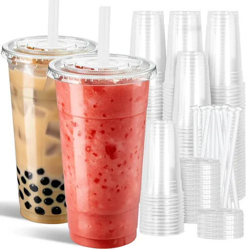 Vista 8 de Ginkgo Paquete de 100 tazas de plástico de 12 onzas con tapas y popotes, tazas de café desechables transparentes para llevar, tazas de café helado