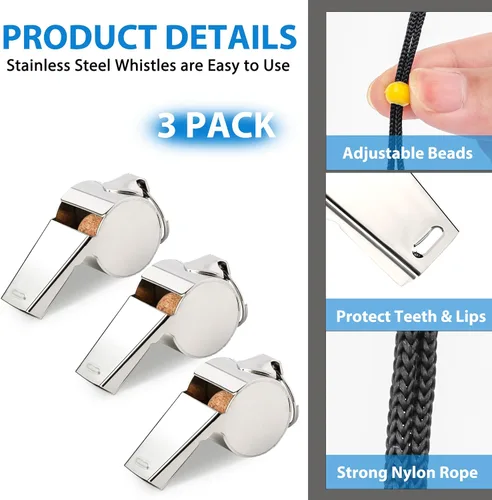Vista 3 de Xgunion Whistle - Paquete de 3 silbatos deportivos de metal para entrenadores, árbitros deportivos con cordón, silbatos de entrenador para adultos