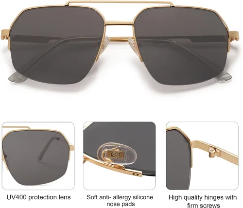 Vista 18 de SOJOS Trendy Aviator Sunglasses Mens Womens Retro Double Bridge Metal Frame Semi-Rimless Shades SJ1191