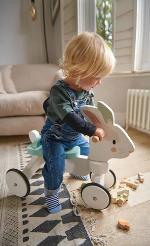 Vista 3 de Tender Leaf Toys - Carrera de conejo - Bicicleta temática de conejo de cuatro ruedas de madera con anillo de goma y mango - Desarrollo temprano