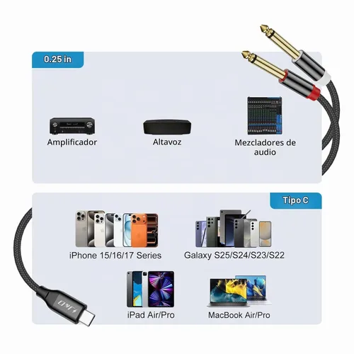 Vista 2 de J&D Cable divisor estéreo USB C a doble de 0.250 in y 1/4 pulgadas, USB tipo C a doble cable de audio TS de 0.250 in 1/4 pulgadas para iPhone 15/15