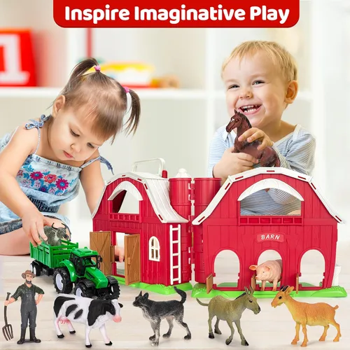 Vista 7 de Juguetes de animales de granja para niños de 1, 2, 3, 4 y 5 años, juego de granja grande de granero rojo con figuras de animales y juguete