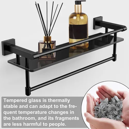 Vista 4 de Estante de vidrio para baño de 20 pulgadas, estantes de baño con barra para toallas, estantes de vidrio templado con soporte para toallas de acero